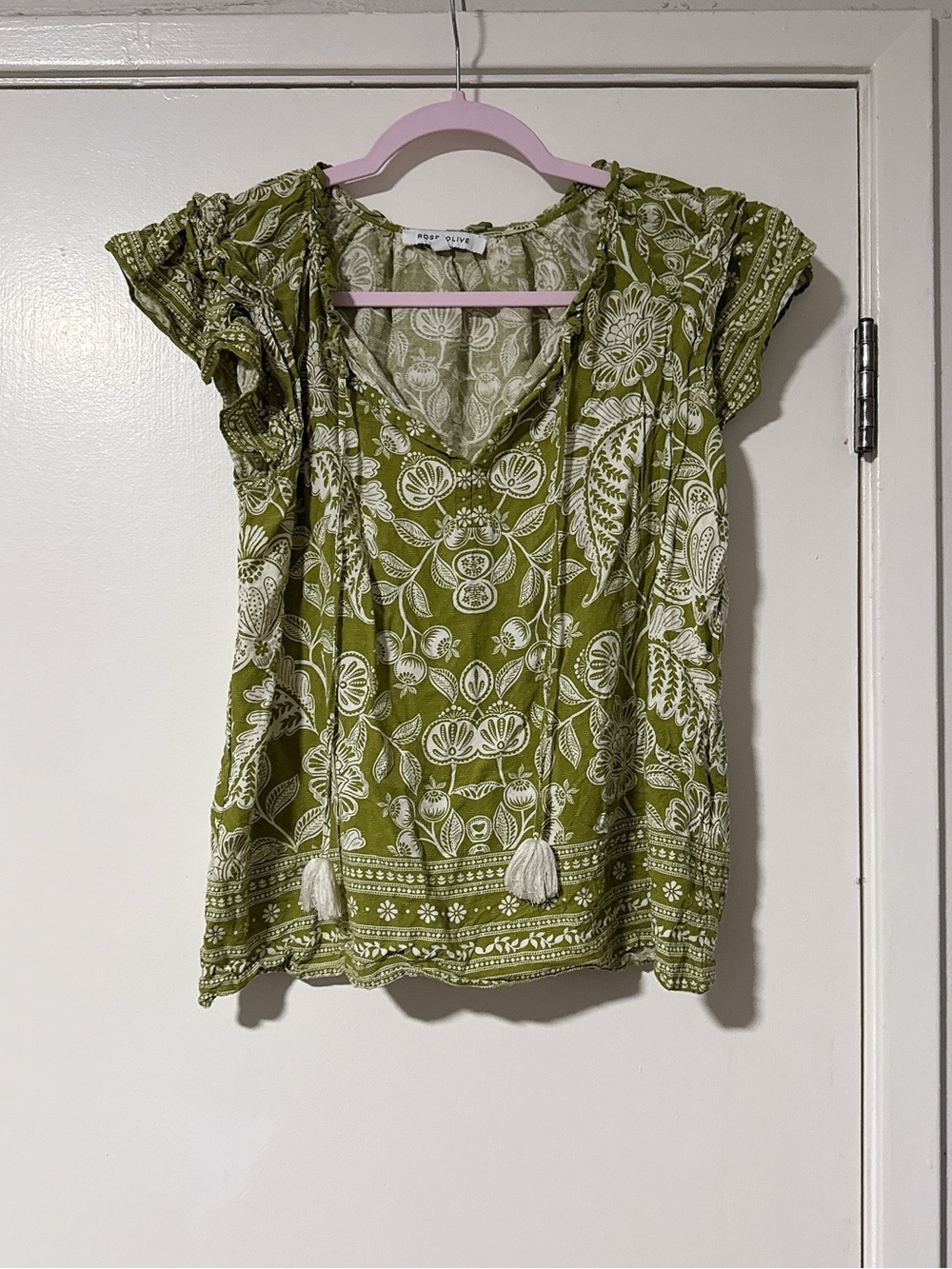 Rose & Olive Olive Green Floral Tie-Front Boho Blouse